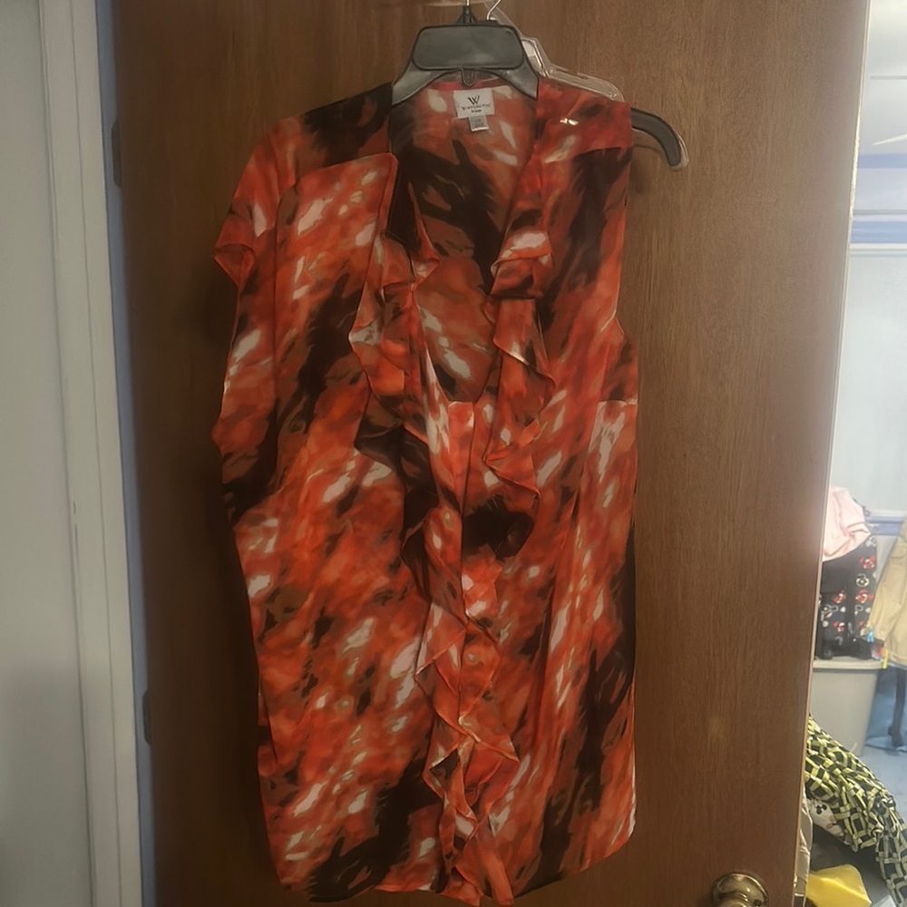 New York & Company Orange and Black Ruffled Blouse